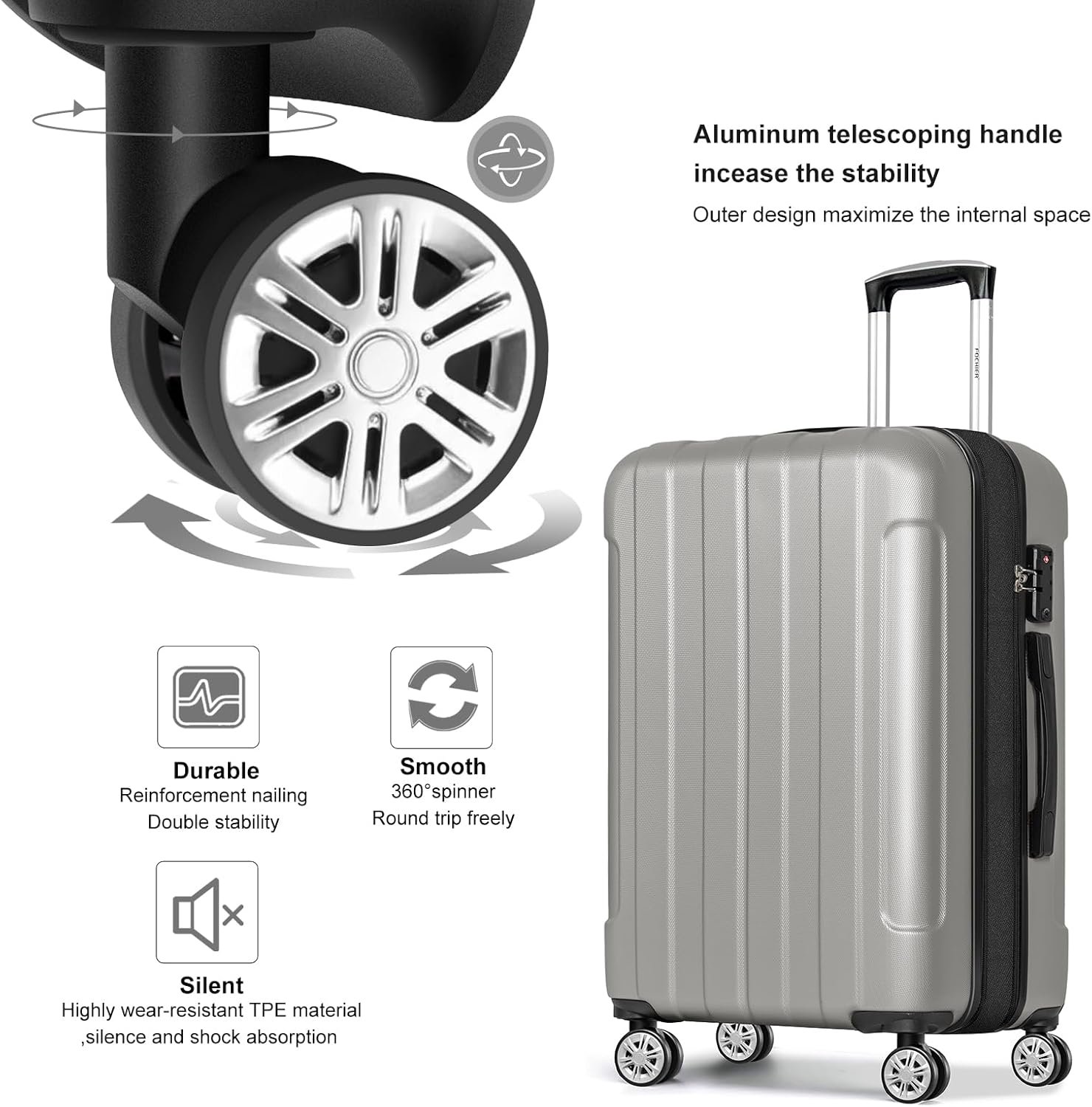 FOCHIER F Luggage Sets, Expandable 3 piece Hard Shell Luggage Set with TSA Lock, PC+ABS Hardside Travel Suitcase with Wheels for Women Men 20 24 28 Inch (Grey) - Image 7