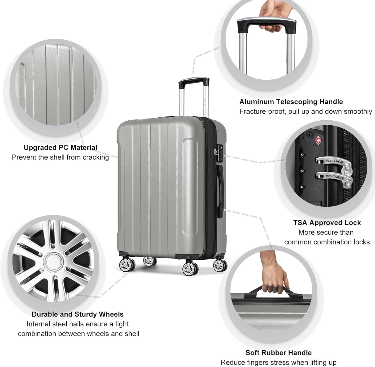 FOCHIER F Luggage Sets, Expandable 3 piece Hard Shell Luggage Set with TSA Lock, PC+ABS Hardside Travel Suitcase with Wheels for Women Men 20 24 28 Inch (Grey) - Image 6