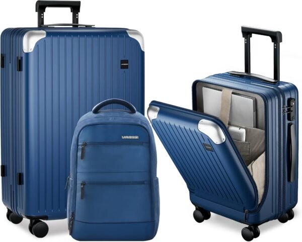 LARVENDER Luggage Sets 3 Piece Expandable 20inch Carry On Luggage Suitcase with Front Pocket, Hardshell 28inch Checked Luggage with Spinner Wheels, TSA Lock for Men & Women, Blue - Image 2