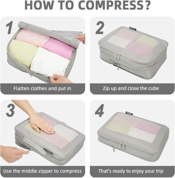 BAGAIL 4 Set/6 Set/8 Set Compression Packing Cubes Travel Accessories Expandable Packing Organizers (Square Mesh, 06-Grey) - Image 5