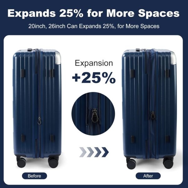 LARVENDER Luggage Sets 3 Piece Expandable 20inch Carry On Luggage Suitcase with Front Pocket, Hardshell 28inch Checked Luggage with Spinner Wheels, TSA Lock for Men & Women, Blue - Image 4