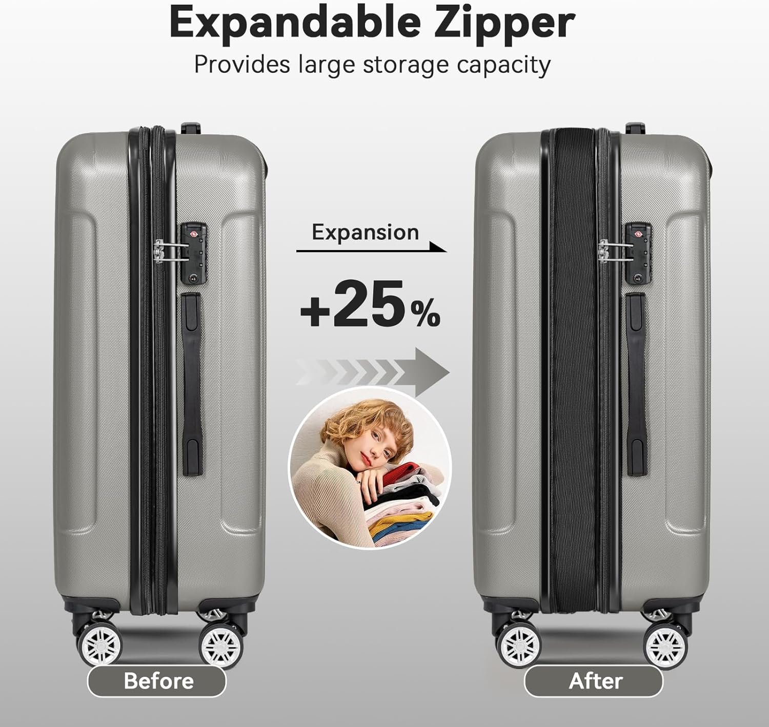 FOCHIER F Luggage Sets, Expandable 3 piece Hard Shell Luggage Set with TSA Lock, PC+ABS Hardside Travel Suitcase with Wheels for Women Men 20 24 28 Inch (Grey) - Image 5